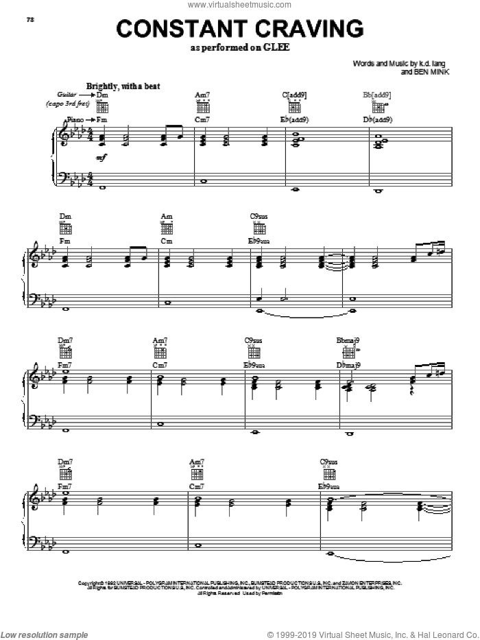 Constant Craving sheet music for voice, piano or guitar by Glee Cast, Ben Mink, k.d. lang and Miscellaneous, intermediate skill level