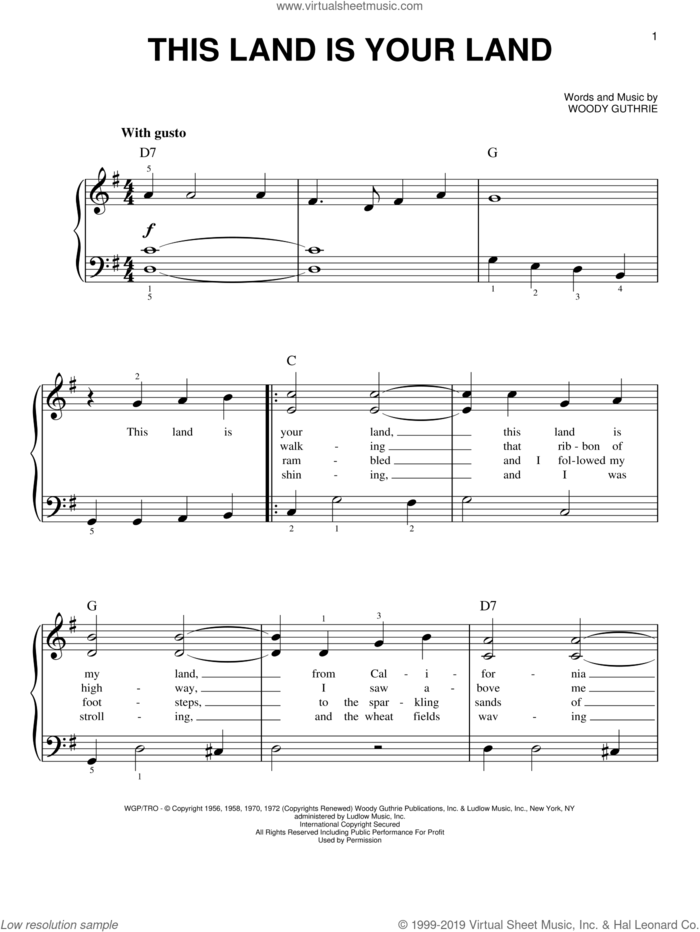 This Land Is Your Land sheet music for piano solo by Woody Guthrie, Arlo Guthrie and New Christy Minstrels, beginner skill level