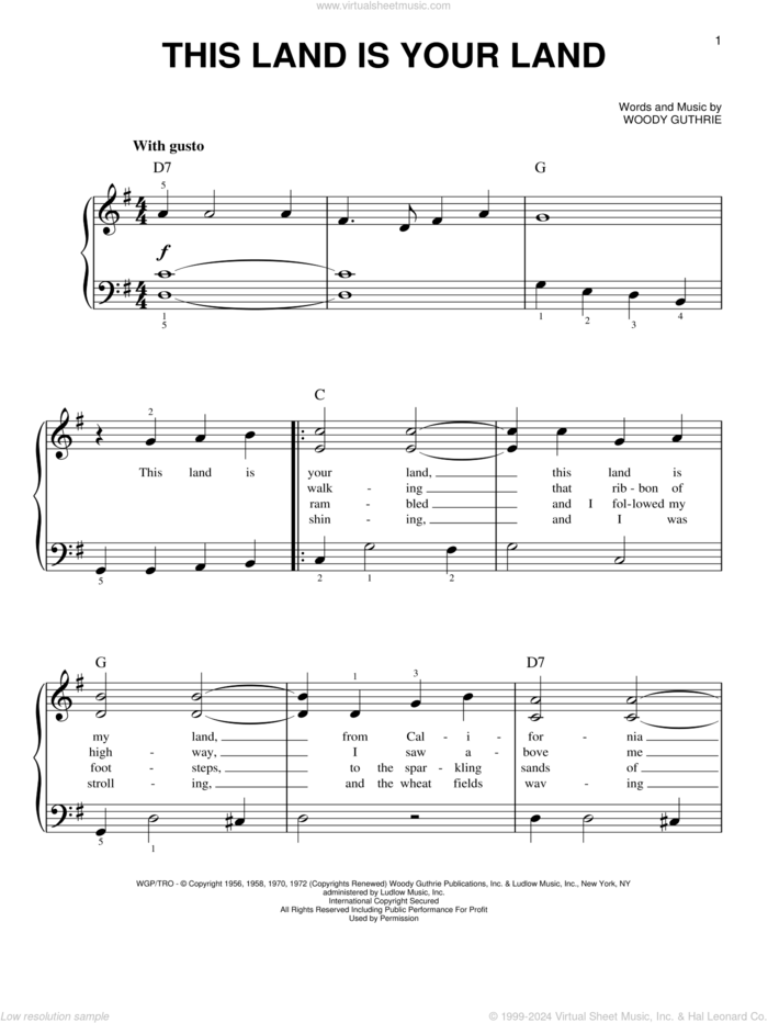 This Land Is Your Land sheet music for piano solo by Woody Guthrie, Arlo Guthrie and New Christy Minstrels, beginner skill level