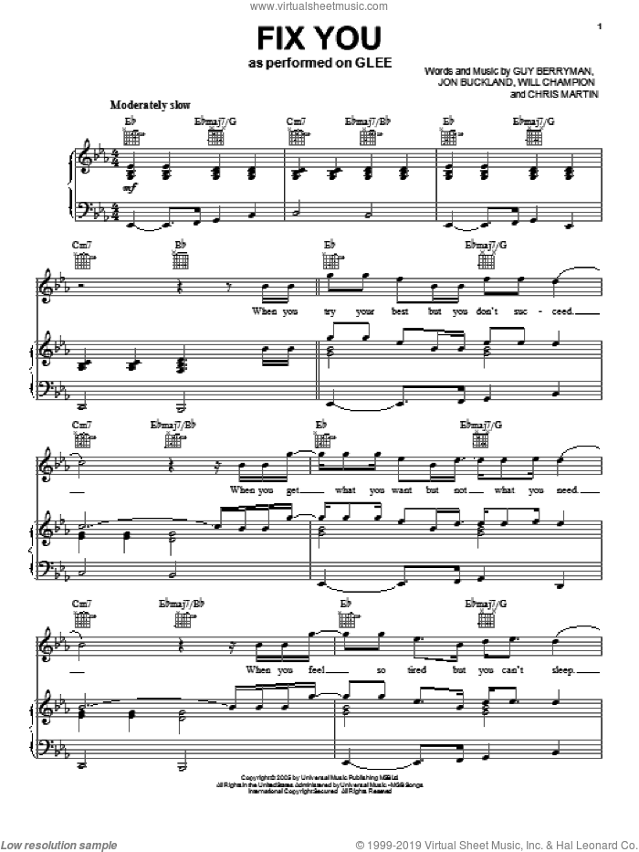 Fix You sheet music for voice, piano or guitar by Glee Cast, Coldplay, Chris Martin, Guy Berryman, Jon Buckland, Miscellaneous and Will Champion, intermediate skill level