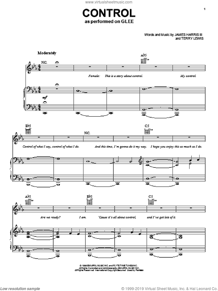Control sheet music for voice, piano or guitar by Glee Cast, Janet Jackson, James Harris, Miscellaneous and Terry Lewis, intermediate skill level