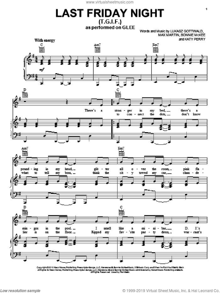 Last Friday Night (T.G.I.F.) sheet music for voice, piano or guitar by Glee Cast, Bonnie McKee, Katy Perry, Lukasz Gottwald, Max Martin and Miscellaneous, intermediate skill level