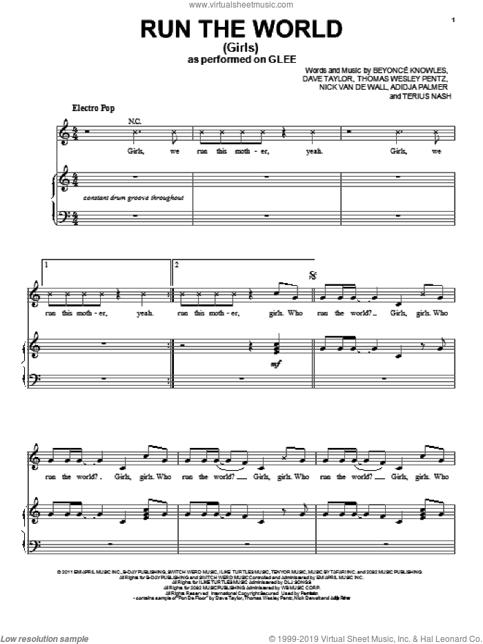 Run The World (Girls) sheet music for voice, piano or guitar by Glee Cast, Adidja Palmer, Beyonce Knowles, Beyonce, Dave Taylor, Miscellaneous, Nick Van De Wall, Terius Nash and Thomas Wesley Pentz, intermediate skill level