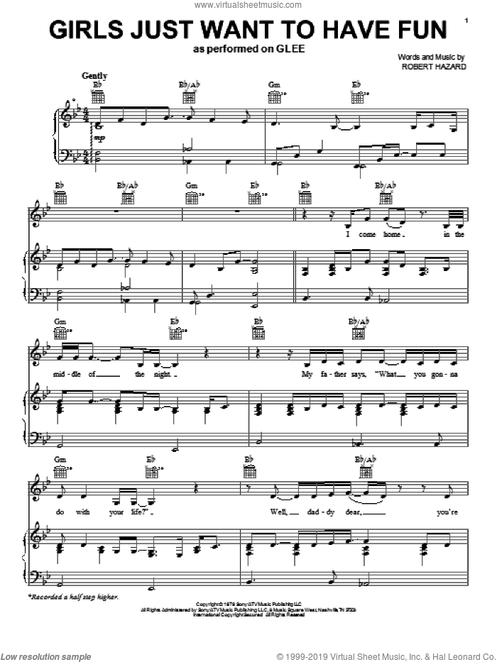 Girls Just Want To Have Fun sheet music for voice, piano or guitar by Glee Cast, Cyndi Lauper, Miscellaneous and Robert Hazard, intermediate skill level