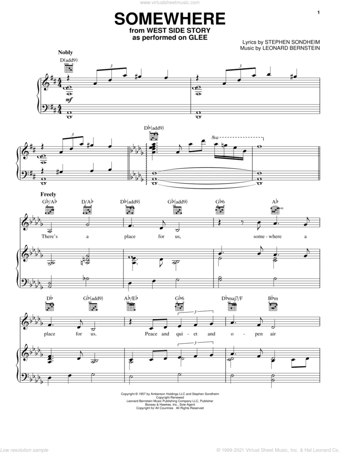 Somewhere sheet music for voice, piano or guitar by Glee Cast, West Side Story (Musical), Leonard Bernstein, Miscellaneous and Stephen Sondheim, intermediate skill level
