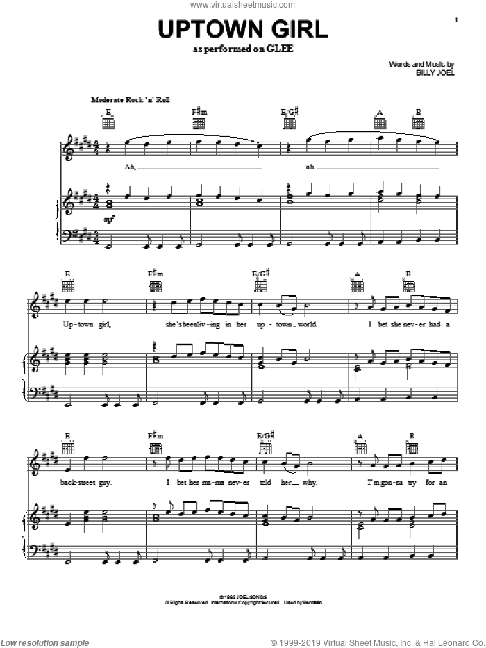 Uptown Girl sheet music for voice, piano or guitar by Glee Cast, Billy Joel and Miscellaneous, intermediate skill level