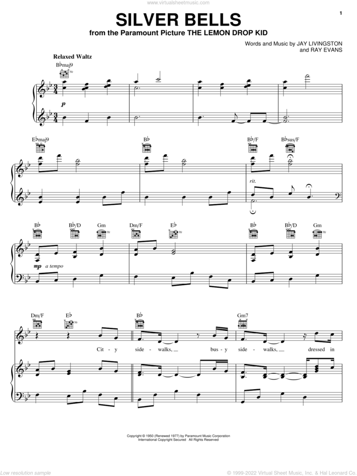 Silver Bells sheet music for voice, piano or guitar by Steven Curtis Chapman, Jay Livingston and Ray Evans, intermediate skill level