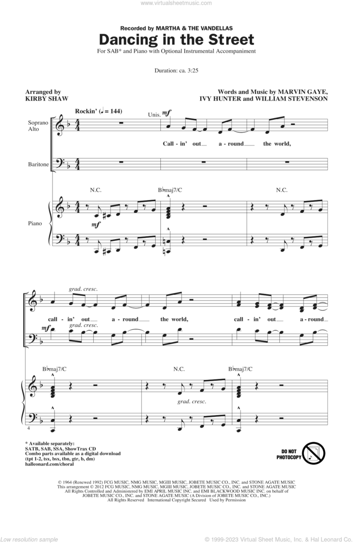 Dancing In The Street (arr. Kirby Shaw) sheet music for choir (SAB: soprano, alto, bass) by Kirby Shaw and Martha & The Vandellas, intermediate skill level