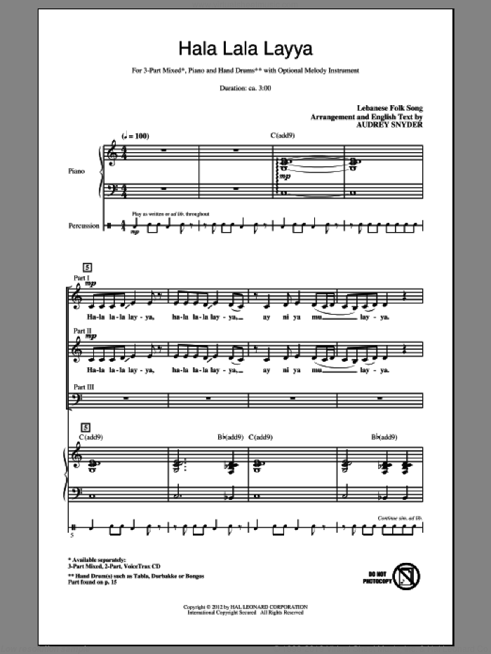 Hala Lala Layya sheet music for choir (3-Part Mixed) by Audrey Snyder and Traditional Lebanese Folk Song, intermediate skill level