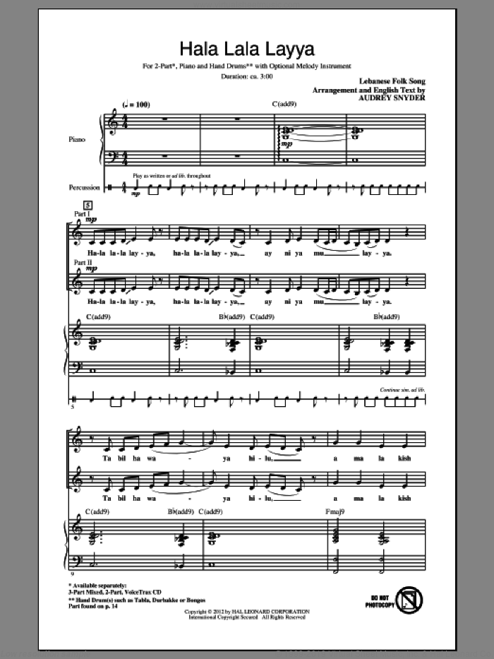 Hala Lala Layya sheet music for choir (2-Part) by Audrey Snyder and Traditional Lebanese Folk Song, intermediate duet
