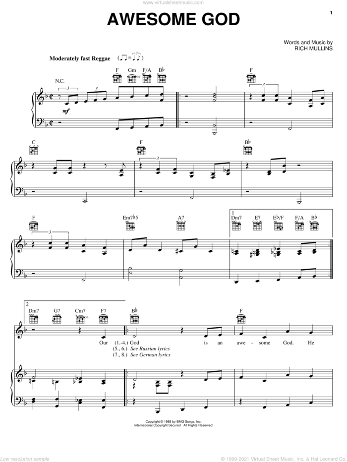 Awesome God sheet music for voice, piano or guitar by Donnie McClurkin and Rich Mullins, intermediate skill level