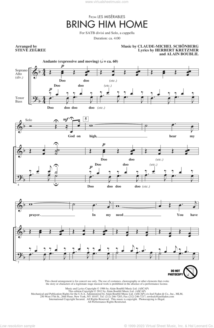 Bring Him Home (from Les Miserables) (arr. Steve Zegree) sheet music for choir (SATB: soprano, alto, tenor, bass) by Alain Boublil, Claude-Michel Schonberg, Herbert Kretzmer, Boublil & Schonberg, Les Miserables (Musical) and Steve Zegree, intermediate skill level