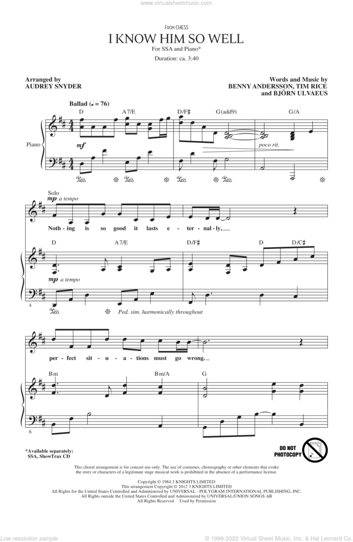 I Know Him So Well (from Chess) (arr. Audrey Snyder) sheet music for choir (SSA: soprano, alto) by Tim Rice, Audrey Snyder, Benny Andersson, Bjorn Ulvaeus, Benny Andersson, Tim Rice and Bjorn Ulvaeus and Chess (Musical), intermediate skill level