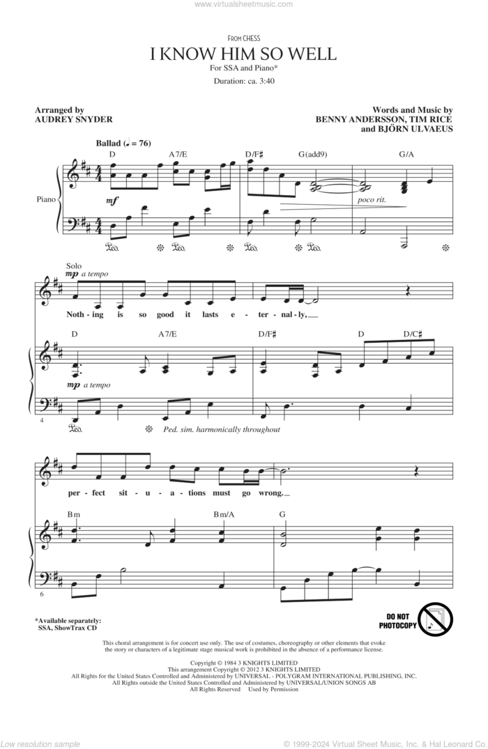 I Know Him So Well (from Chess) (arr. Audrey Snyder) sheet music for choir (SSA: soprano, alto) by Tim Rice, Audrey Snyder, Benny Andersson, Bjorn Ulvaeus, Benny Andersson, Tim Rice and Bjorn Ulvaeus and Chess (Musical), intermediate skill level