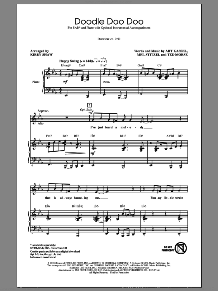 Doodle Doo Doo sheet music for choir (SAB: soprano, alto, bass) by Kirby Shaw, intermediate skill level