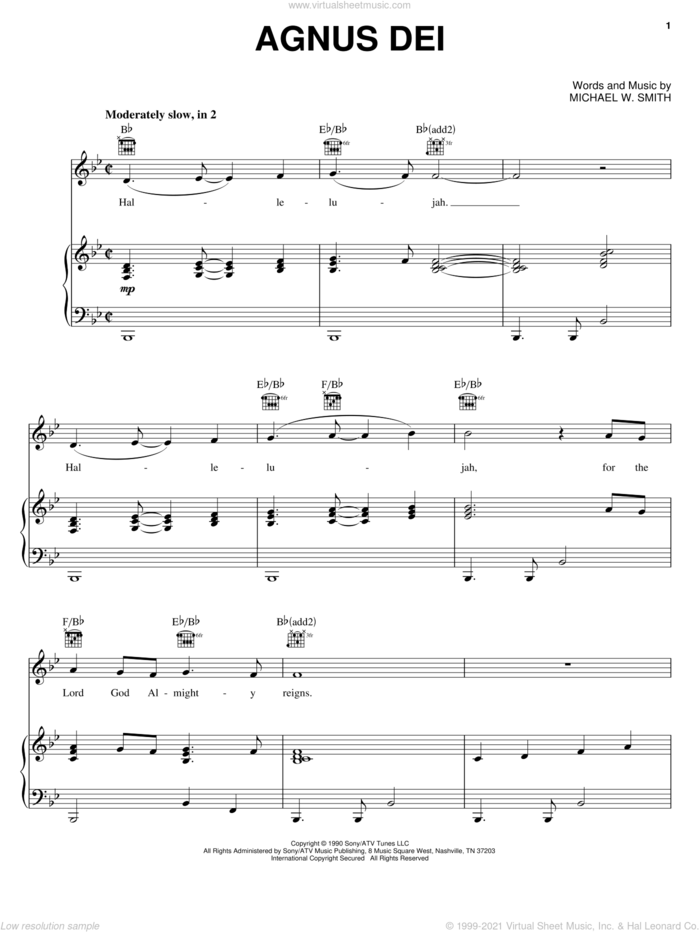 Agnus Dei sheet music for voice, piano or guitar by Donnie McClurkin and Michael W. Smith, intermediate skill level