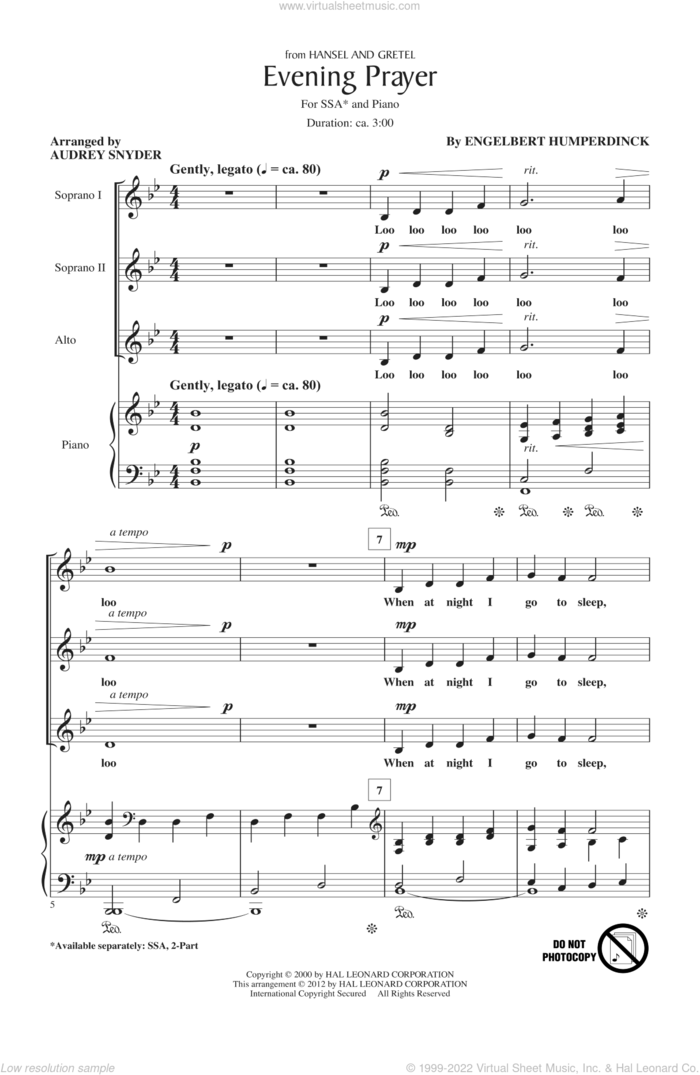 Evening Prayer sheet music for choir (SSA: soprano, alto) by Engelbert Humperdinck and Audrey Snyder, intermediate skill level