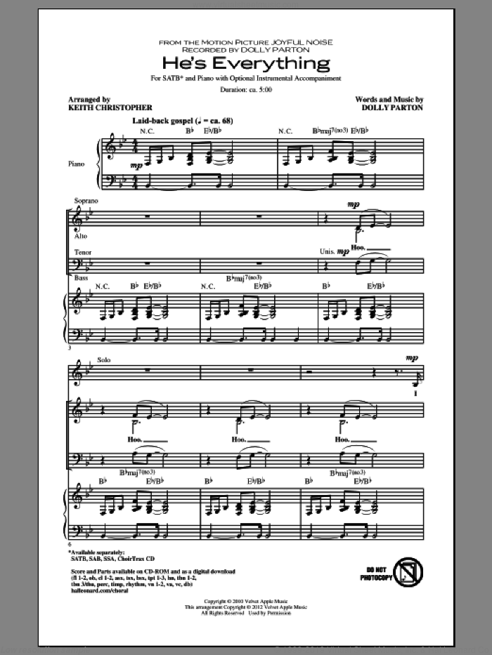 He's Everything sheet music for choir (SATB: soprano, alto, tenor, bass) by Dolly Parton and Keith Christopher, intermediate skill level