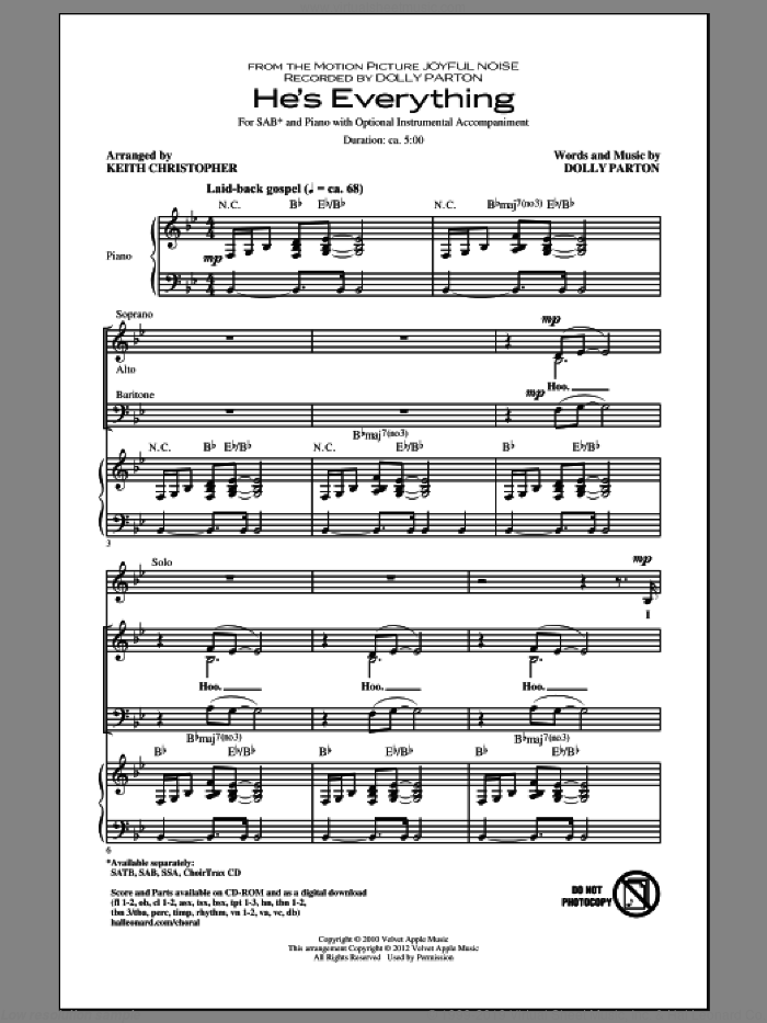 He's Everything sheet music for choir (SAB: soprano, alto, bass) by Dolly Parton and Keith Christopher, intermediate skill level