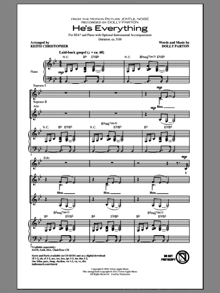 He's Everything sheet music for choir (SSA: soprano, alto) by Dolly Parton and Keith Christopher, intermediate skill level