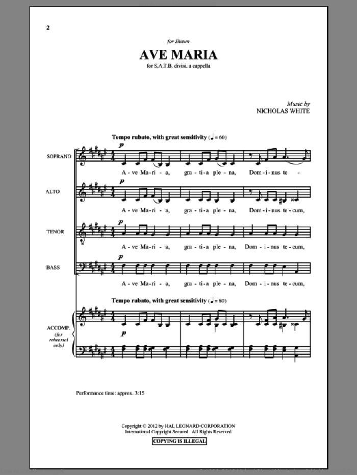 Ave Maria sheet music for choir (SATB: soprano, alto, tenor, bass) by Nicholas White, intermediate skill level
