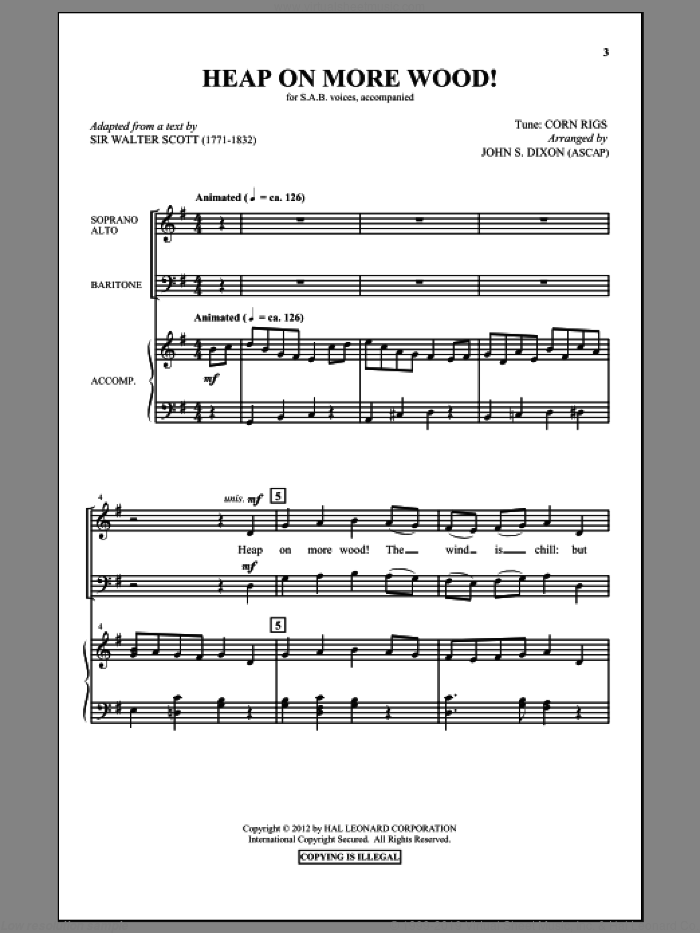 Heap On More Wood sheet music for choir (SAB: soprano, alto, bass) by John S. Dixon, intermediate skill level