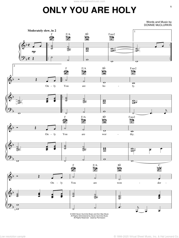 Only You Are Holy sheet music for voice, piano or guitar by Donnie McClurkin, intermediate skill level