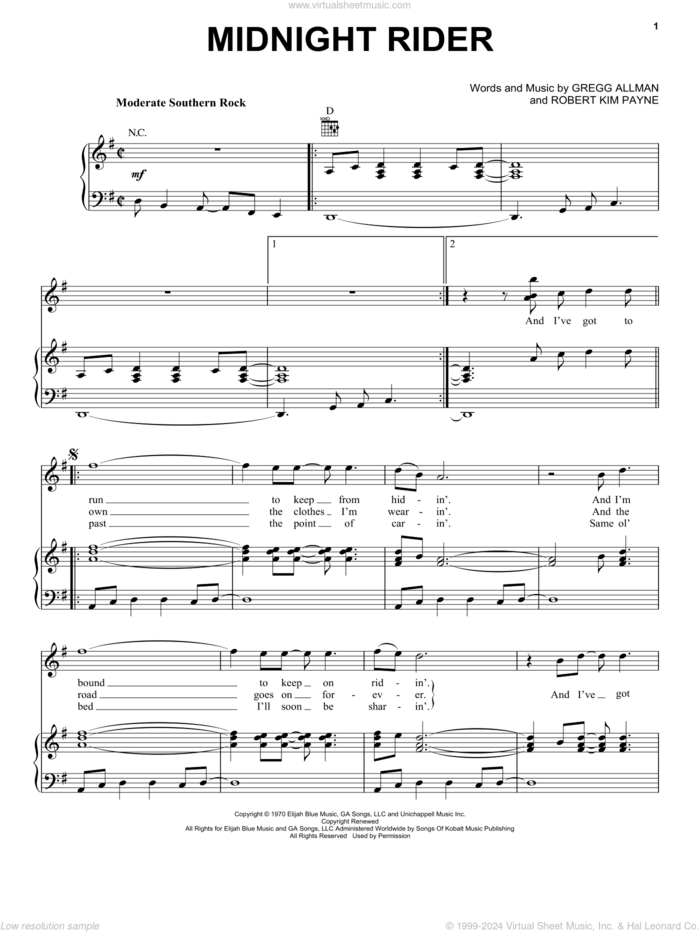 Midnight Rider sheet music for voice, piano or guitar by The Allman Brothers Band, Allman Brothers Band, Gregg Allman and Robert Kim Payne, intermediate skill level