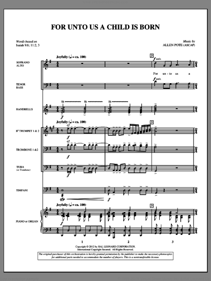 For Unto Us A Child Is Born (complete set of parts) sheet music for orchestra/band (Brass) by Allen Pote, intermediate skill level