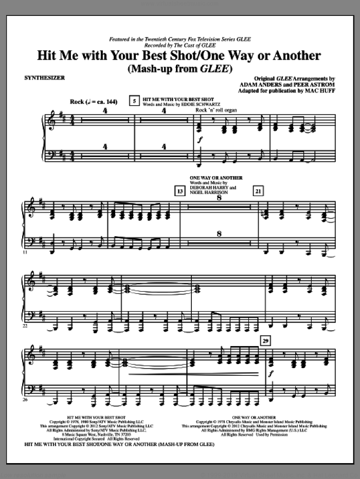 Hit Me With Your Best Shot / One Way Or Another (complete set of parts) sheet music for orchestra/band (Rhythm) by Mac Huff, Deborah Harry, Eddie Schwartz, Nigel Harrison, Adam Anders, Blondie, Glee Cast, Miscellaneous, Pat Benatar and Peer Astrom, intermediate skill level