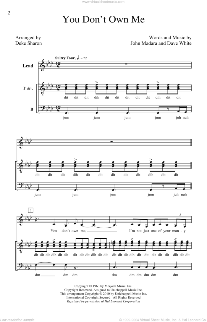 You Don't Own Me (arr. Deke Sharon) sheet music for choir (SATB: soprano, alto, tenor, bass) by Lesley Gore, Dave White, Deke Sharon and John Madara, intermediate skill level