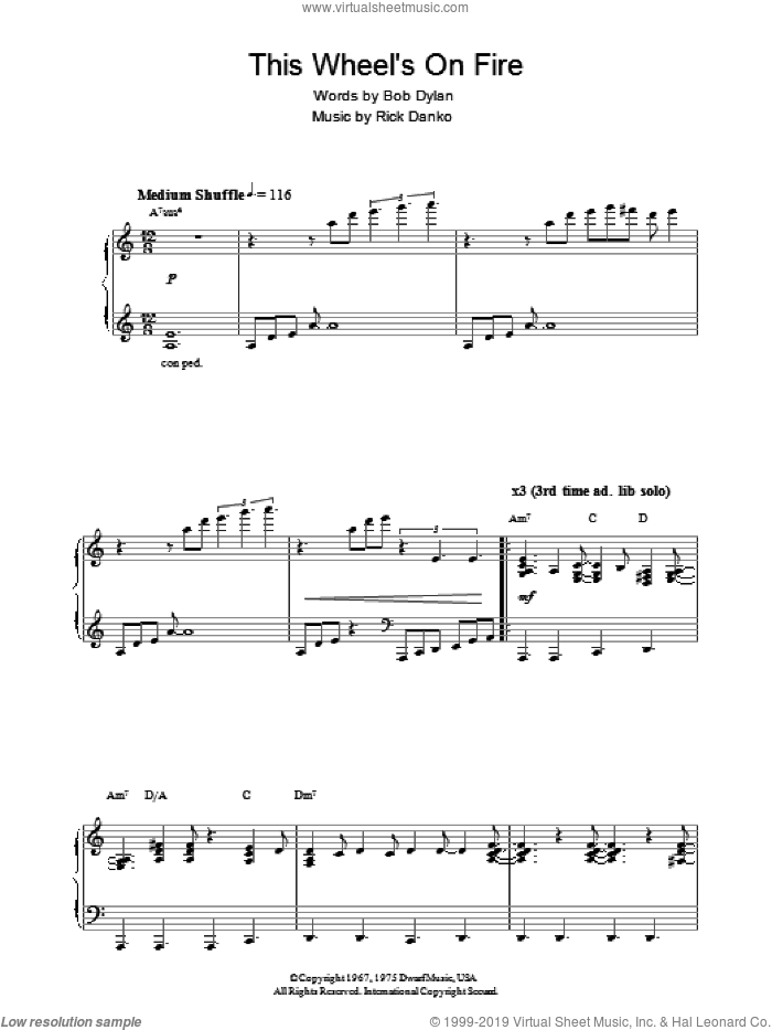 This Wheel's On Fire (theme from Absolutely Fabulous) sheet music for piano solo by Bob Dylan, The Band and Rick Danko, intermediate skill level