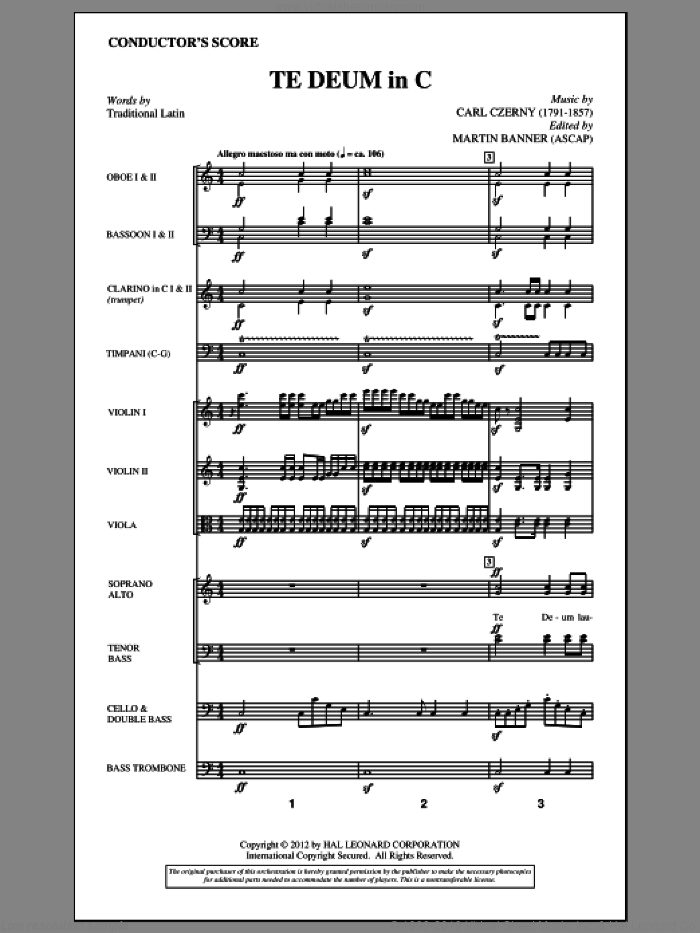 Te Deum In C (complete set of parts) sheet music for orchestra/band (Orchestra) by Carl Czerny and Martin Banner, intermediate skill level