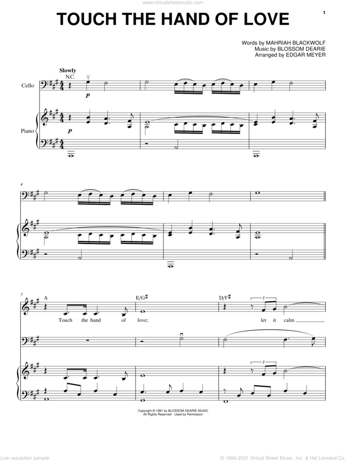 Touch The Hand Of Love sheet music for cello and piano by Yo-Yo Ma, Blossom Dearie and Mahriah Blackwolf, classical score, intermediate skill level