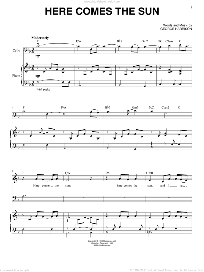 Here Comes The Sun sheet music for cello and piano by Yo-Yo Ma, The Beatles and George Harrison, classical score, intermediate skill level