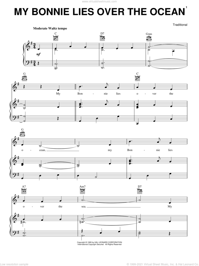 My Bonnie Lies Over The Ocean sheet music for voice, piano or guitar, intermediate skill level