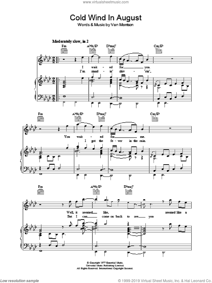 Cold Wind In August sheet music for voice, piano or guitar by Van Morrison, intermediate skill level