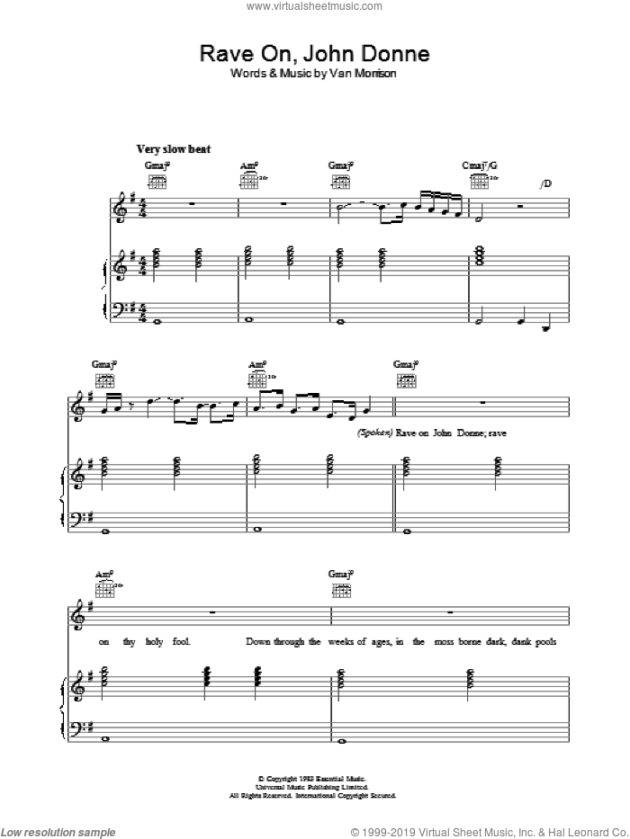 Rave On, John Donne sheet music for voice, piano or guitar by Van Morrison, intermediate skill level