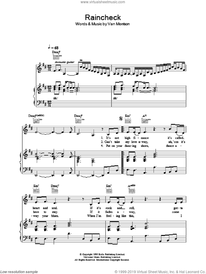 Raincheck sheet music for voice, piano or guitar by Van Morrison, intermediate skill level