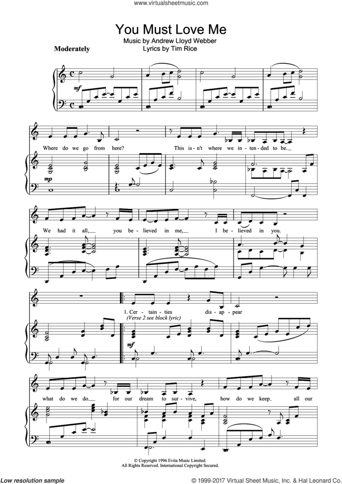 You Must Love Me sheet music for voice and piano by Andrew Lloyd Webber, Evita (Musical), Madonna and Tim Rice, intermediate skill level