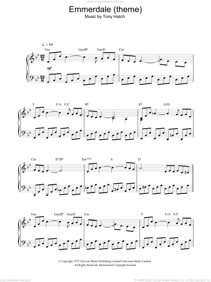 Emmerdale (theme) sheet music for piano solo by Tony Hatch, intermediate skill level