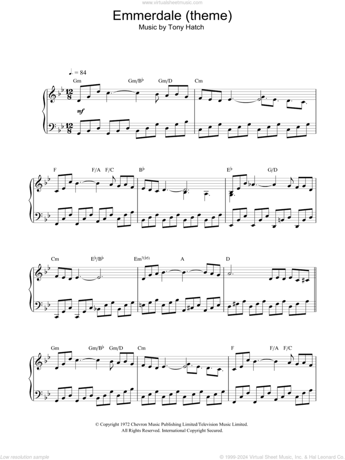 Emmerdale (theme) sheet music for piano solo by Tony Hatch, intermediate skill level