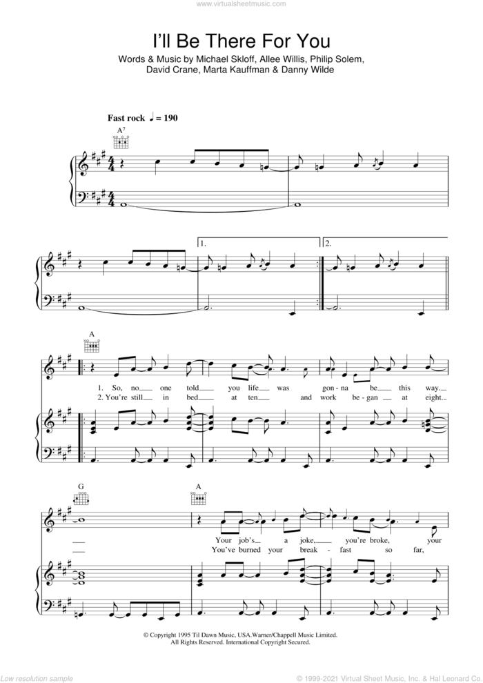 I'll Be There For You (theme from Friends) sheet music for voice, piano or guitar by The Rembrandts, Allee Willis, Danny Wilde, David Crane, Marta Kauffman, Michael Skloff and Philip Solem, intermediate skill level