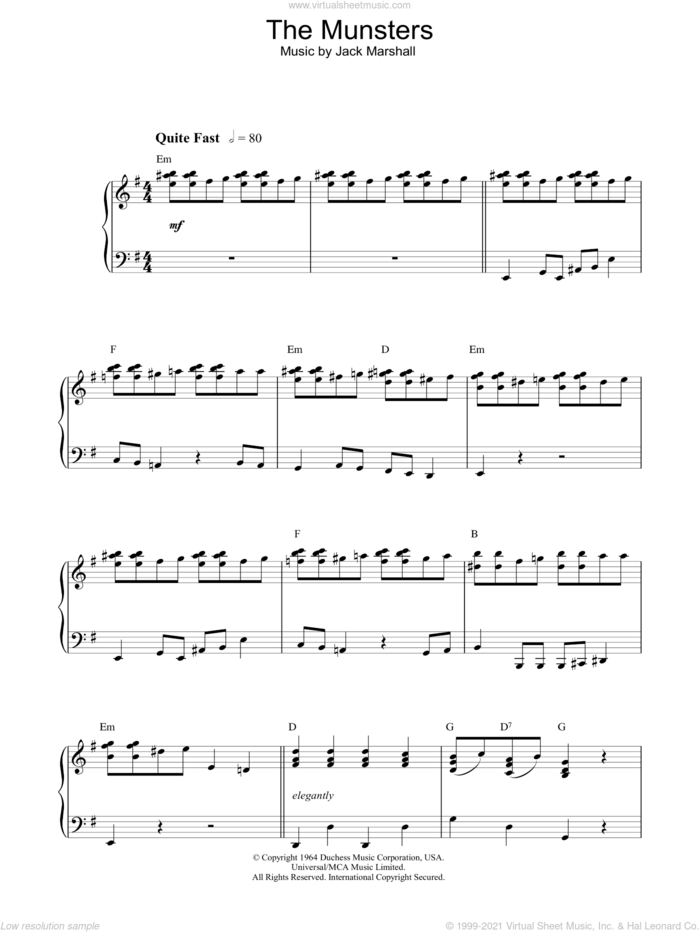 The Munsters Theme sheet music for piano solo by Jack Marshall, intermediate skill level