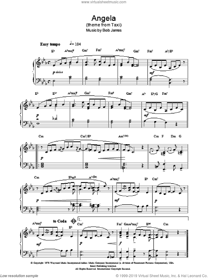 Angela sheet music for piano solo by Bob James, intermediate skill level