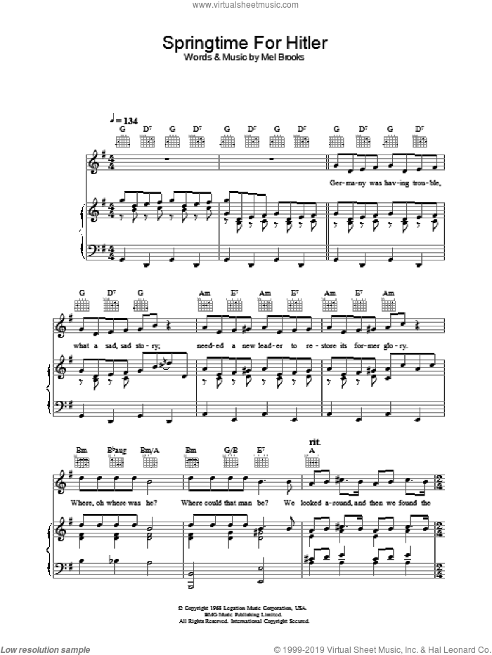 Springtime For Hitler (from The Producers) sheet music for voice, piano or guitar by Mel Brooks, intermediate skill level