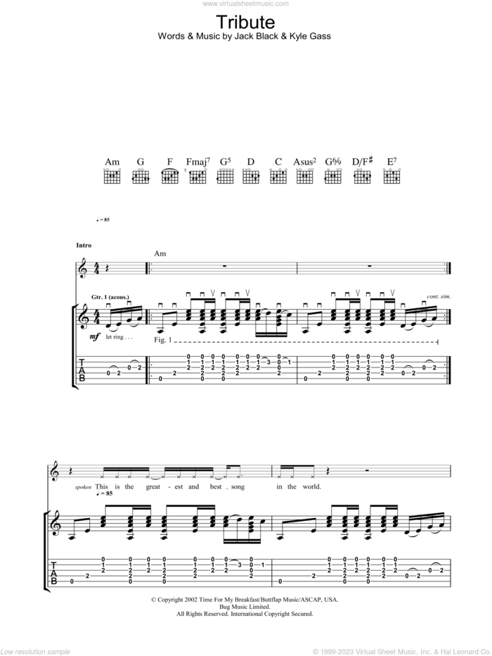 Tribute sheet music for guitar (tablature) by Tenacious D, Jack Black and Kyle Gass, intermediate skill level