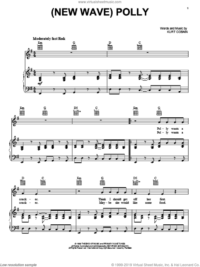 (New Wave) Polly sheet music for voice, piano or guitar by Nirvana and Kurt Cobain, intermediate skill level