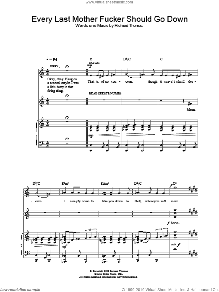 Every Last Mother Fucker Should Go Down (from Jerry Springer The Opera) sheet music for voice, piano or guitar by Richard Thomas, intermediate skill level