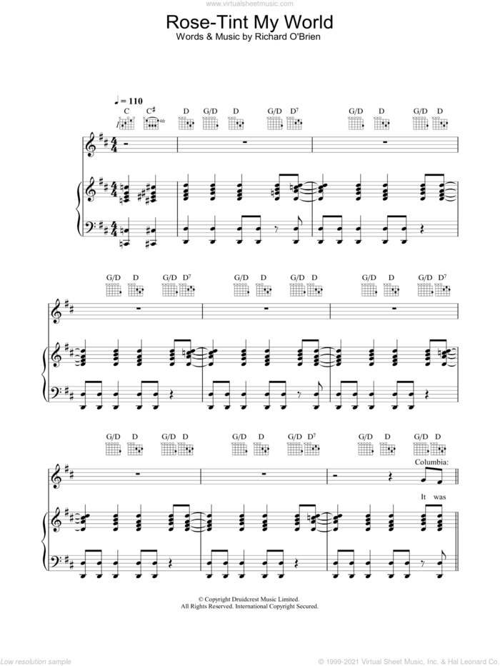 Rose Tint My World sheet music for voice, piano or guitar by Richard O'Brien and The Rocky Horror Picture Show, intermediate skill level